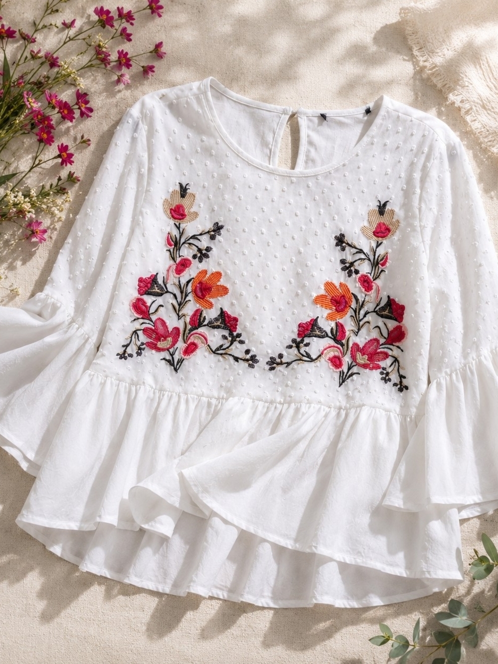 Boho Embroidered Swiss Dot Bell Sleeve Blouse M
